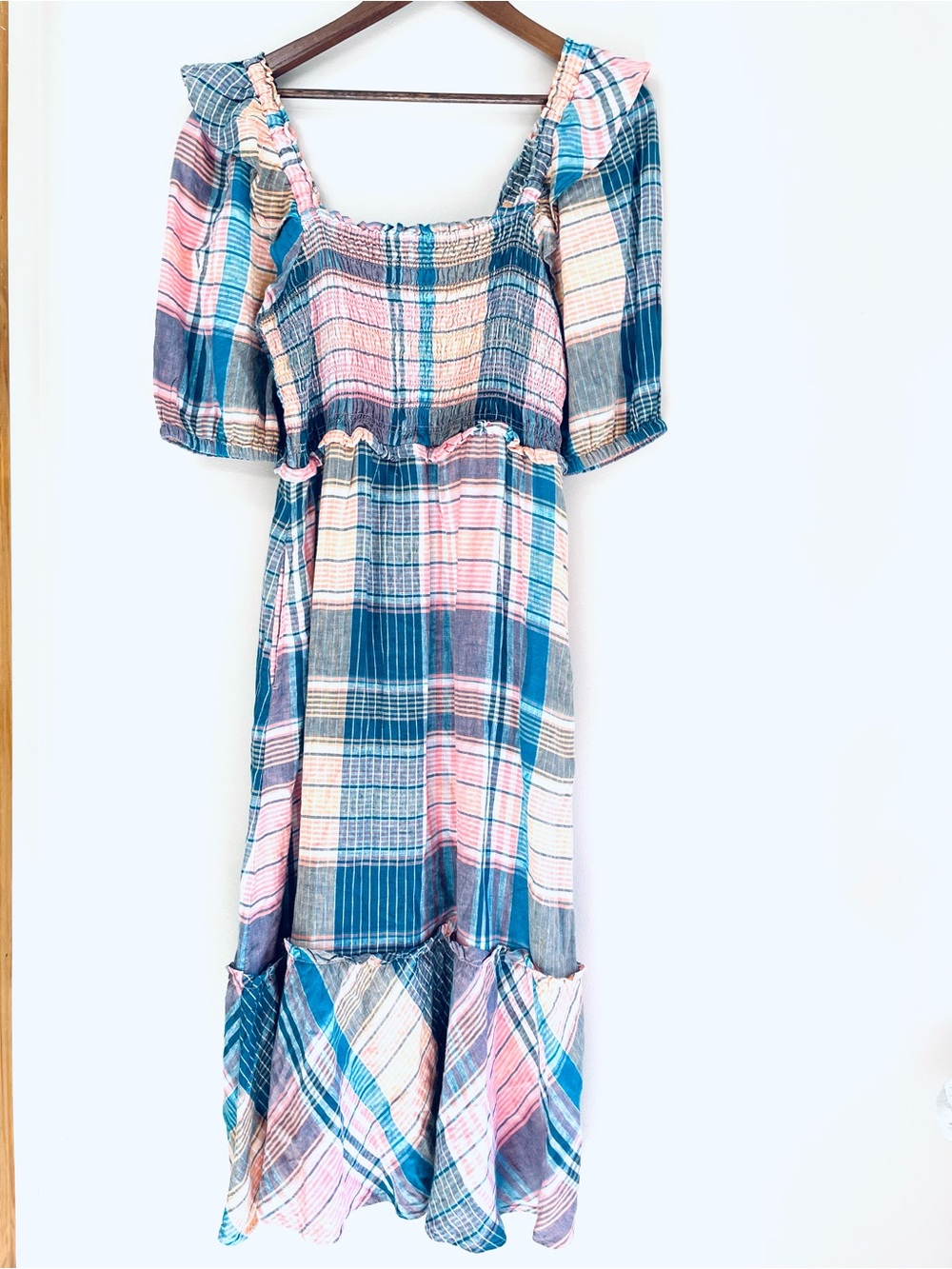 Vineyard Vines 100% Linen Smocked Plaid Prairie Midi Dress NWT M Beautiful
